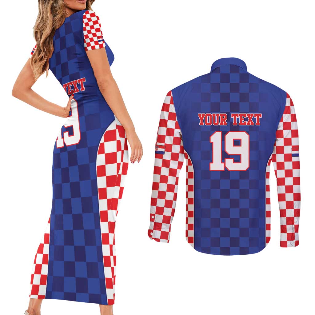 Custom Croatia National Heritage Couples Matching Short Sleeve Bodycon Dress and Long Sleeve Button Shirt Blue Checkered Croatian Pride - Wonder Print Shop