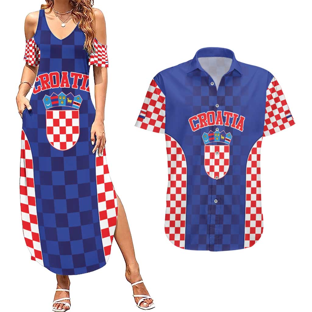 Custom Croatia National Heritage Couples Matching Summer Maxi Dress and Hawaiian Shirt Blue Checkered Croatian Pride - Wonder Print Shop