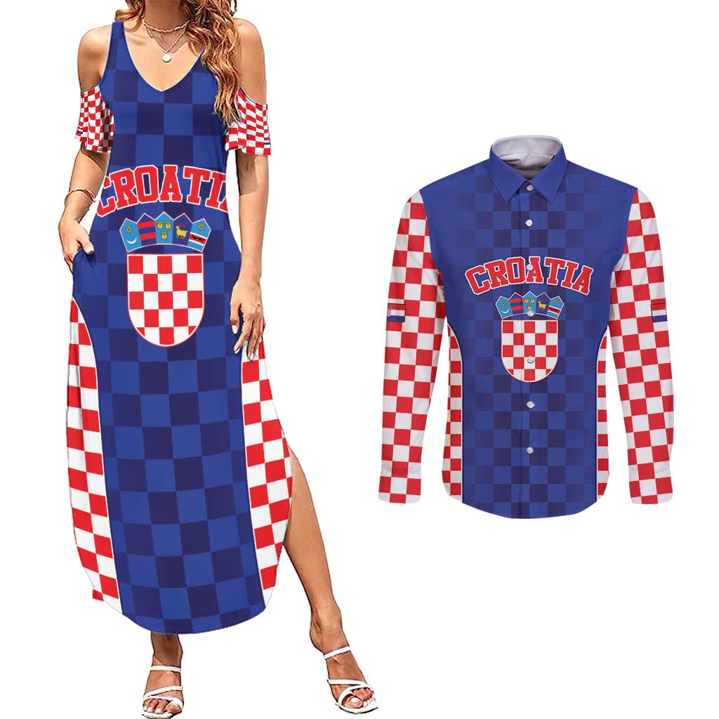 Custom Croatia National Heritage Couples Matching Summer Maxi Dress and Long Sleeve Button Shirt Blue Checkered Croatian Pride - Wonder Print Shop