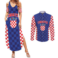 Custom Croatia National Heritage Couples Matching Summer Maxi Dress and Long Sleeve Button Shirt Blue Checkered Croatian Pride - Wonder Print Shop