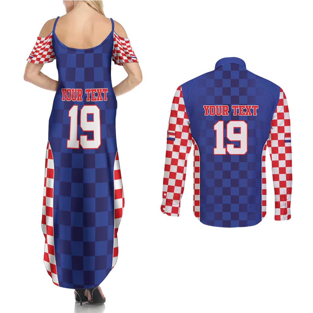 Custom Croatia National Heritage Couples Matching Summer Maxi Dress and Long Sleeve Button Shirt Blue Checkered Croatian Pride - Wonder Print Shop