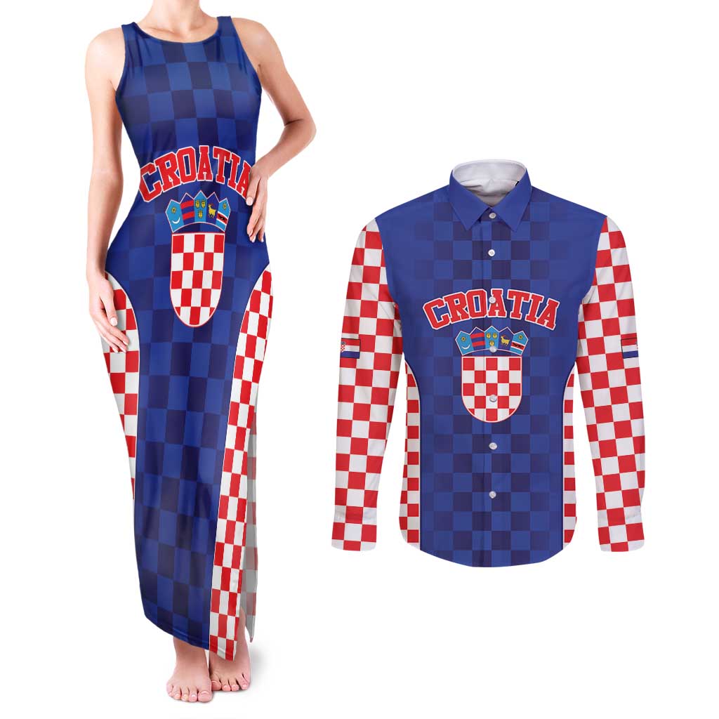 Custom Croatia National Heritage Couples Matching Tank Maxi Dress and Long Sleeve Button Shirt Blue Checkered Croatian Pride - Wonder Print Shop