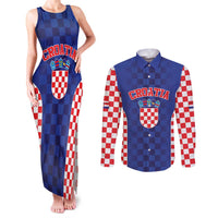 Custom Croatia National Heritage Couples Matching Tank Maxi Dress and Long Sleeve Button Shirt Blue Checkered Croatian Pride - Wonder Print Shop