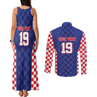 Custom Croatia National Heritage Couples Matching Tank Maxi Dress and Long Sleeve Button Shirt Blue Checkered Croatian Pride - Wonder Print Shop