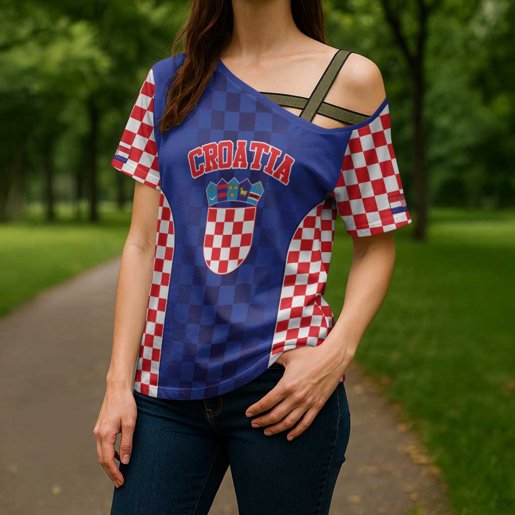 Custom Croatia National Heritage Cross Shoulder Shirt Blue Checkered Croatian Pride - Wonder Print Shop