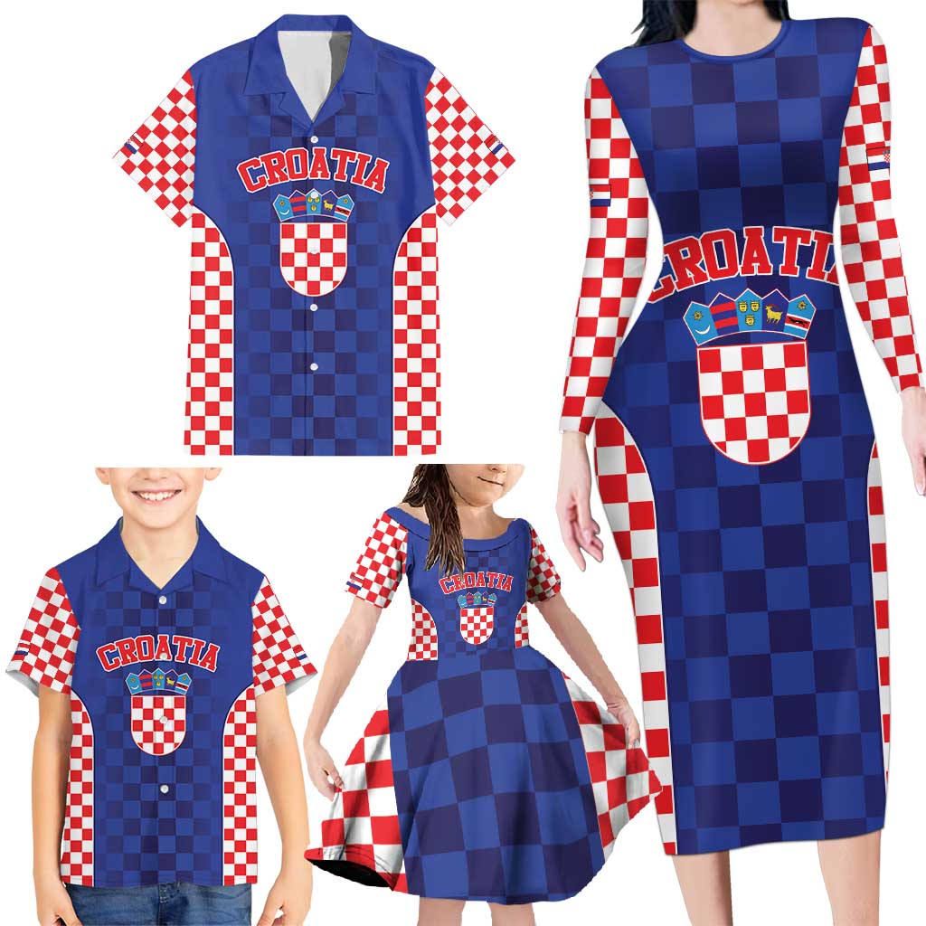 Custom Croatia National Heritage Family Matching Long Sleeve Bodycon Dress and Hawaiian Shirt Blue Checkered Croatian Pride - Wonder Print Shop