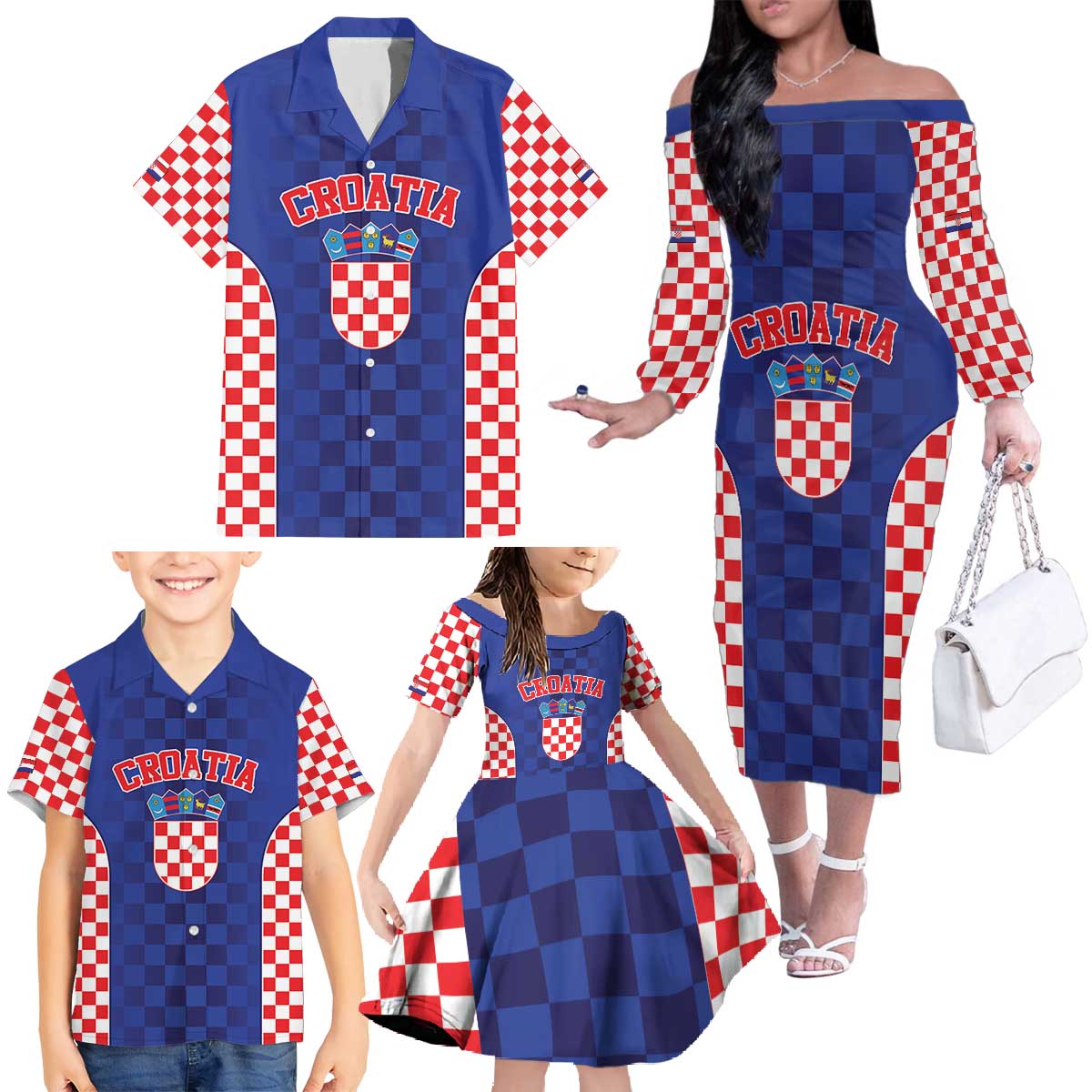 Custom Croatia National Heritage Family Matching Off The Shoulder Long Sleeve Dress and Hawaiian Shirt Blue Checkered Croatian Pride - Wonder Print Shop