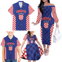 Custom Croatia National Heritage Family Matching Off The Shoulder Long Sleeve Dress and Hawaiian Shirt Blue Checkered Croatian Pride - Wonder Print Shop
