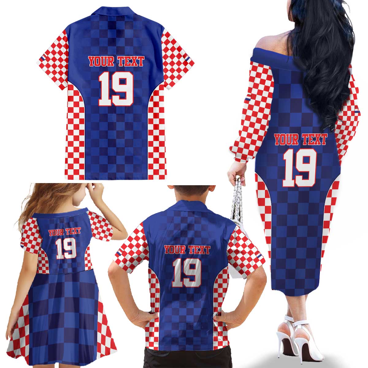 Custom Croatia National Heritage Family Matching Off The Shoulder Long Sleeve Dress and Hawaiian Shirt Blue Checkered Croatian Pride - Wonder Print Shop