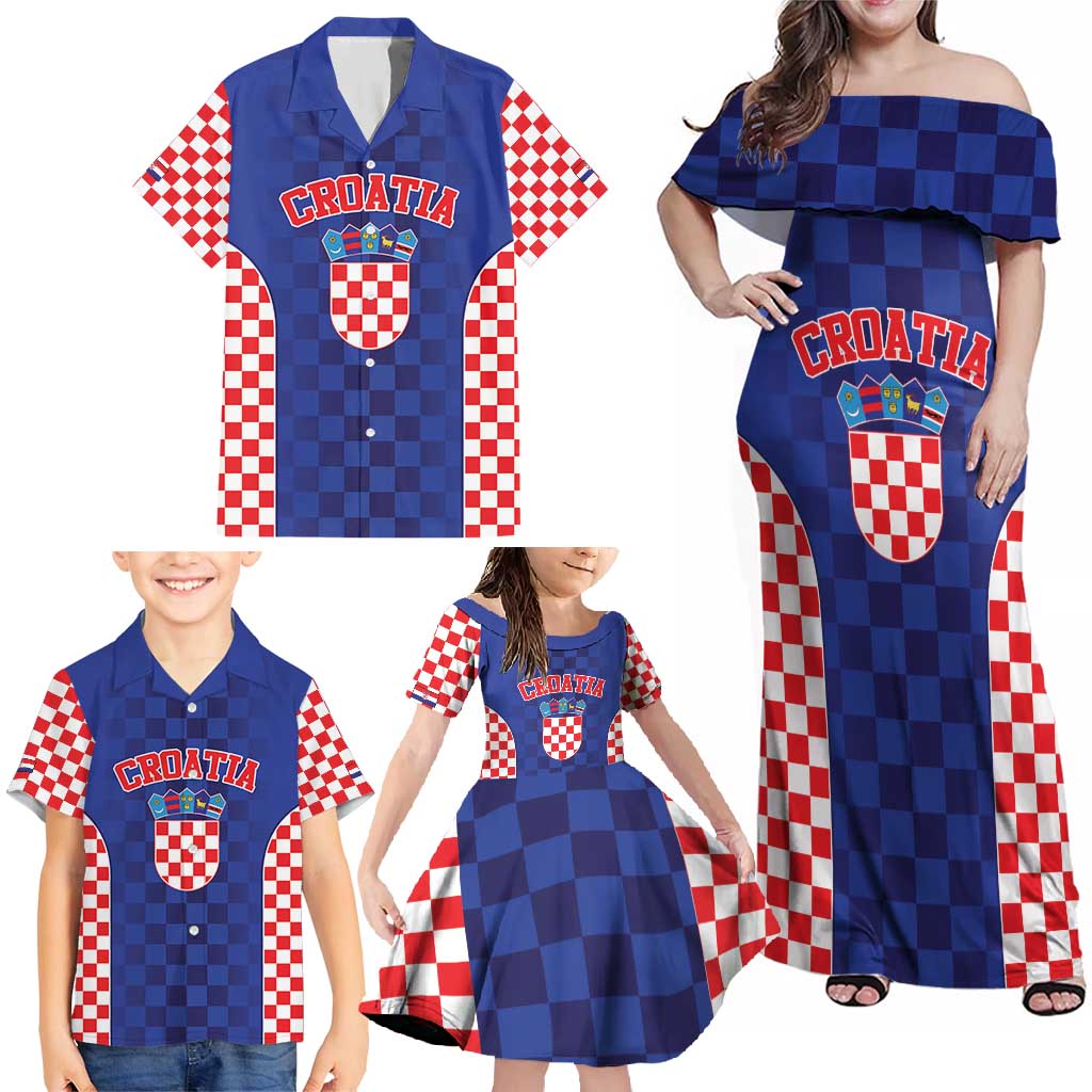 Custom Croatia National Heritage Family Matching Off Shoulder Maxi Dress and Hawaiian Shirt Blue Checkered Croatian Pride - Wonder Print Shop