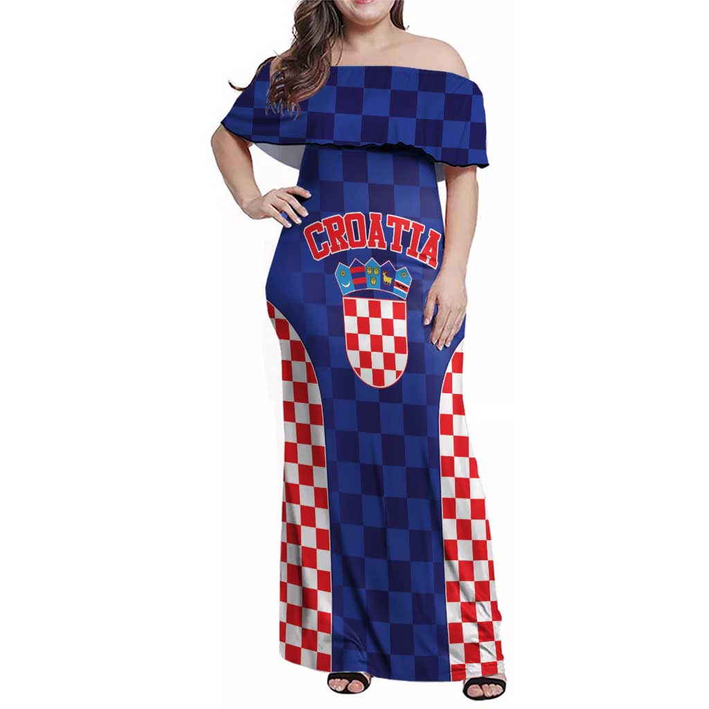 Custom Croatia National Heritage Family Matching Off Shoulder Maxi Dress and Hawaiian Shirt Blue Checkered Croatian Pride - Wonder Print Shop