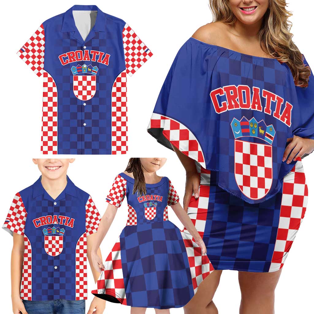 Custom Croatia National Heritage Family Matching Off Shoulder Short Dress and Hawaiian Shirt Blue Checkered Croatian Pride - Wonder Print Shop