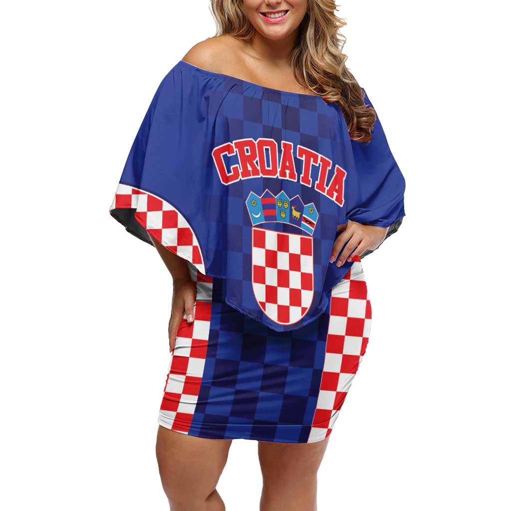 Custom Croatia National Heritage Family Matching Off Shoulder Short Dress and Hawaiian Shirt Blue Checkered Croatian Pride - Wonder Print Shop