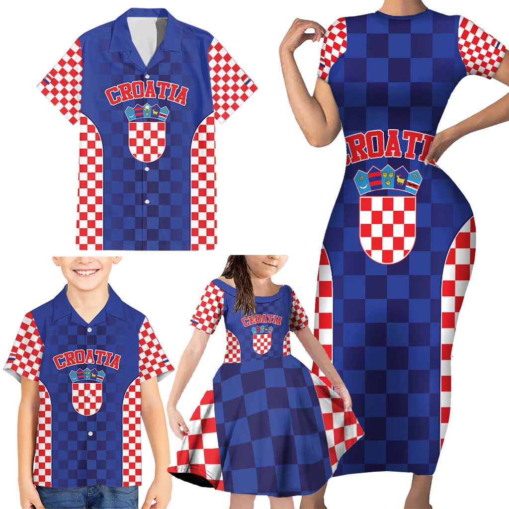 Custom Croatia National Heritage Family Matching Short Sleeve Bodycon Dress and Hawaiian Shirt Blue Checkered Croatian Pride - Wonder Print Shop