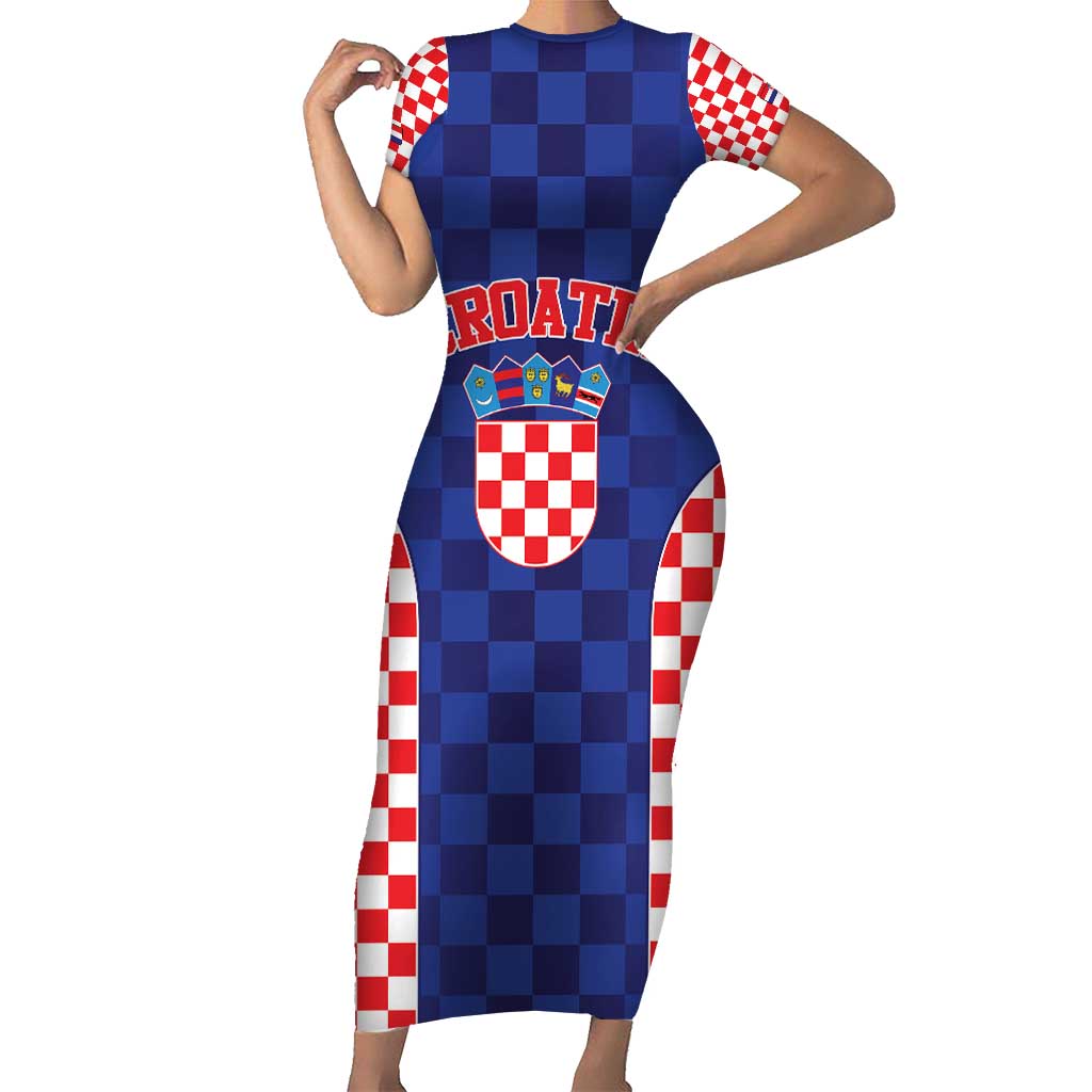 Custom Croatia National Heritage Family Matching Short Sleeve Bodycon Dress and Hawaiian Shirt Blue Checkered Croatian Pride - Wonder Print Shop