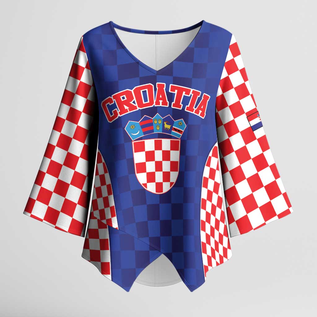 Custom Croatia National Heritage Kimono Sleeve Blouse Blue Checkered Croatian Pride - Wonder Print Shop