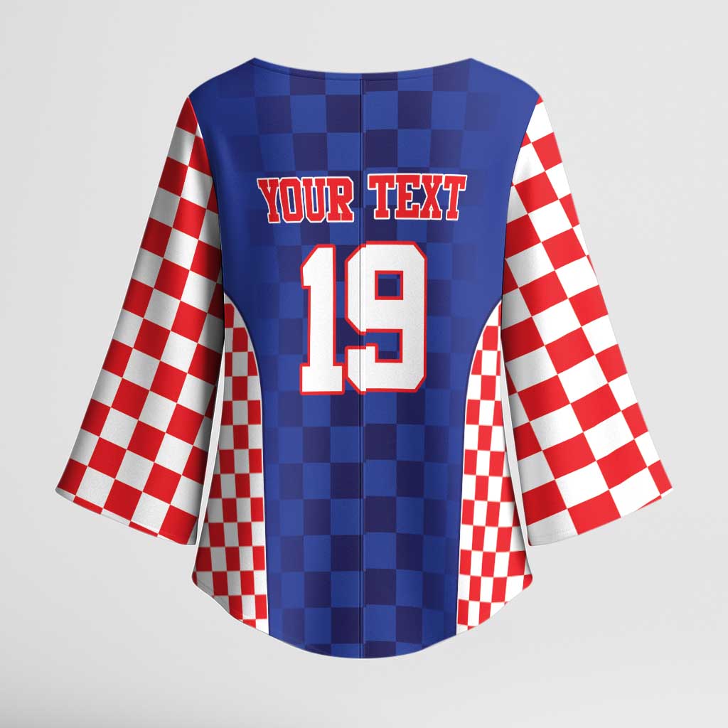 Custom Croatia National Heritage Kimono Sleeve Blouse Blue Checkered Croatian Pride - Wonder Print Shop