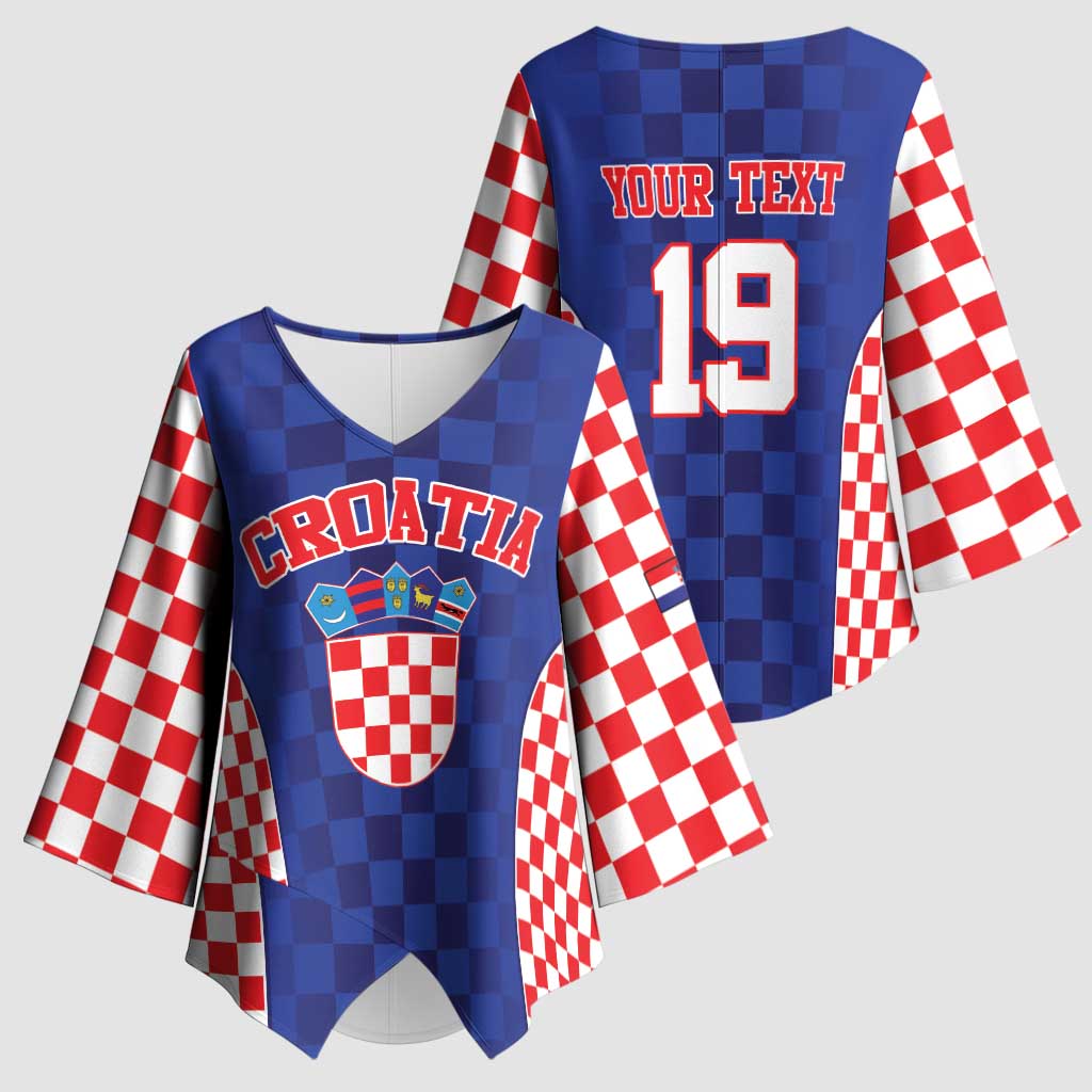 Custom Croatia National Heritage Kimono Sleeve Blouse Blue Checkered Croatian Pride - Wonder Print Shop