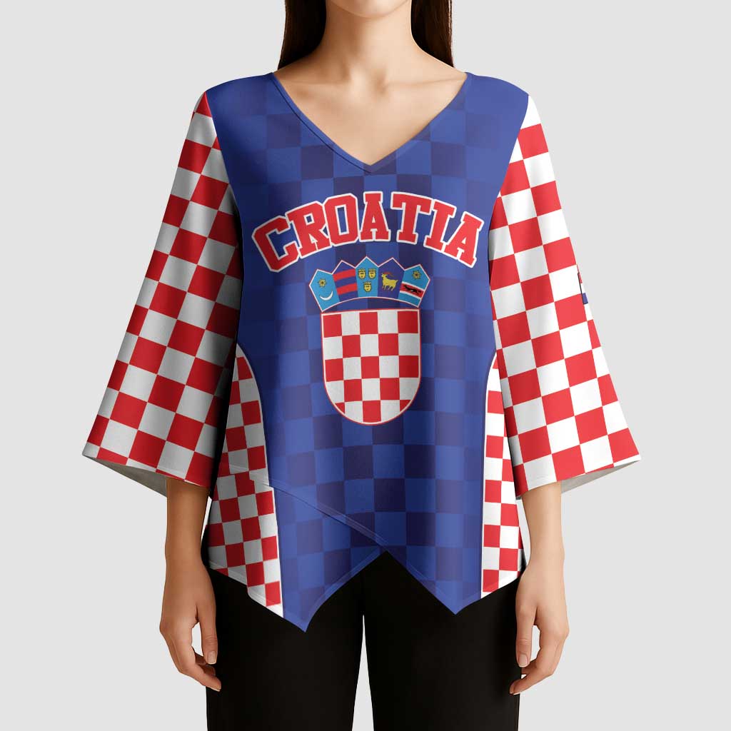 Custom Croatia National Heritage Kimono Sleeve Blouse Blue Checkered Croatian Pride - Wonder Print Shop