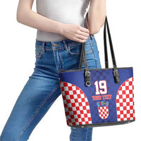 Custom Croatia National Heritage Leather Tote Bag Blue Checkered Croatian Pride - Wonder Print Shop