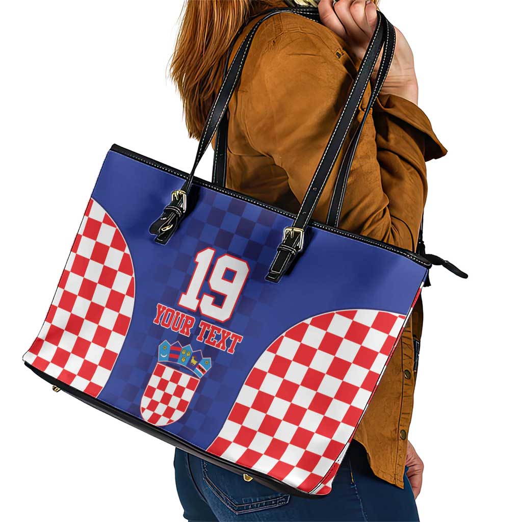 Custom Croatia National Heritage Leather Tote Bag Blue Checkered Croatian Pride - Wonder Print Shop