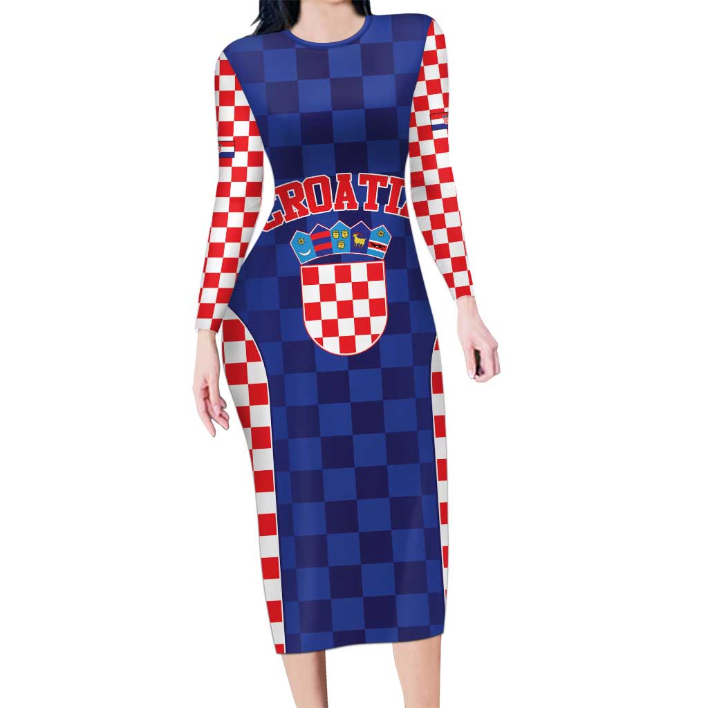 Custom Croatia National Heritage Long Sleeve Bodycon Dress Blue Checkered Croatian Pride