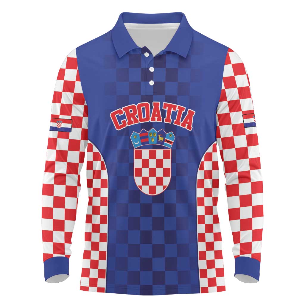 Custom Croatia National Heritage Long Sleeve Polo Shirt Blue Checkered Croatian Pride - Wonder Print Shop