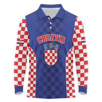 Custom Croatia National Heritage Long Sleeve Polo Shirt Blue Checkered Croatian Pride - Wonder Print Shop
