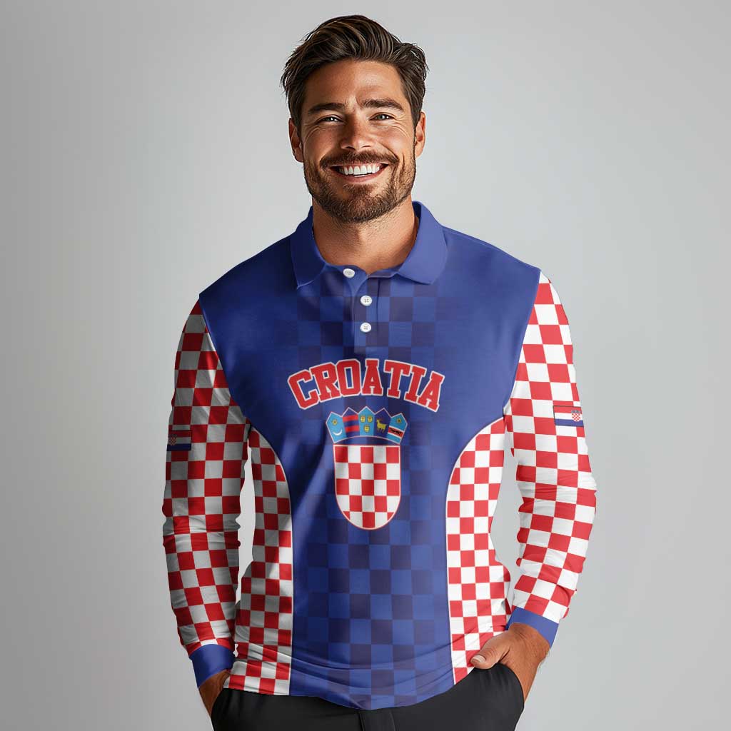 Custom Croatia National Heritage Long Sleeve Polo Shirt Blue Checkered Croatian Pride - Wonder Print Shop