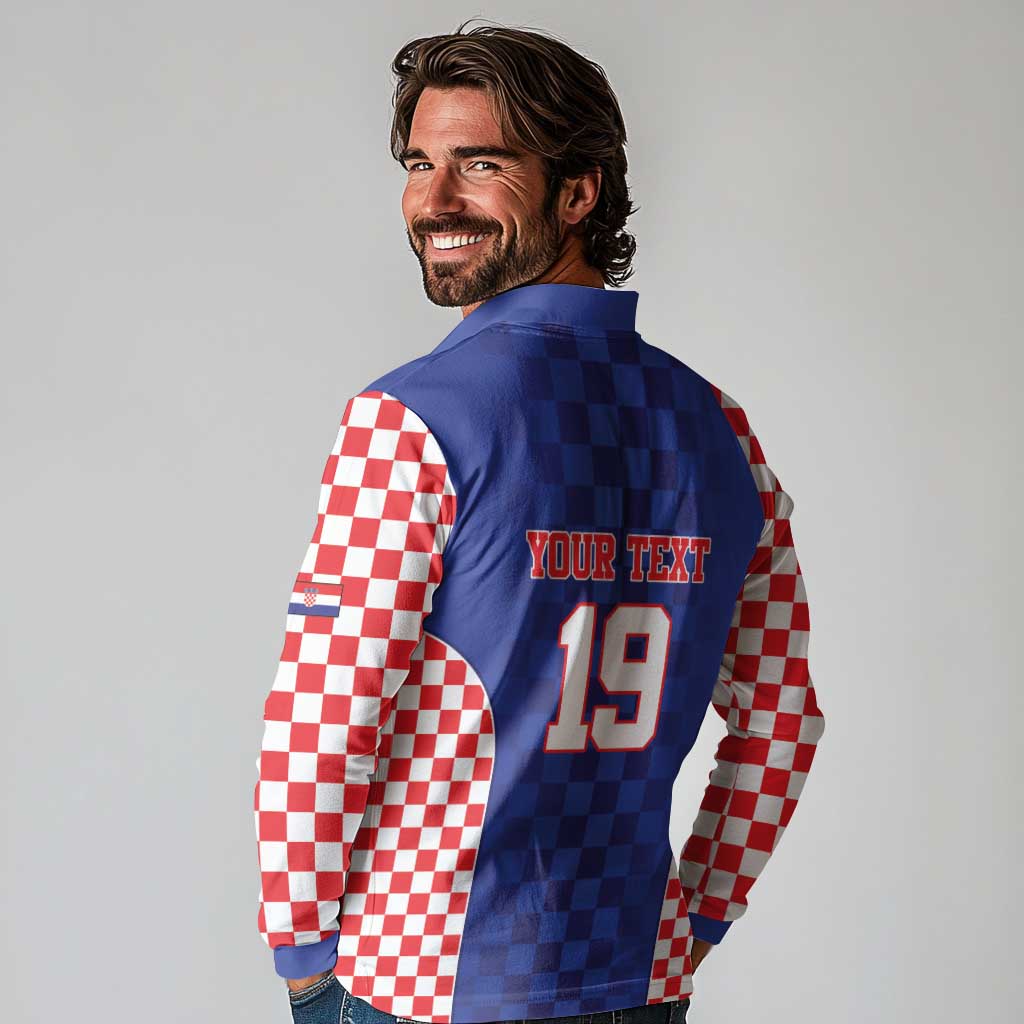 Custom Croatia National Heritage Long Sleeve Polo Shirt Blue Checkered Croatian Pride - Wonder Print Shop