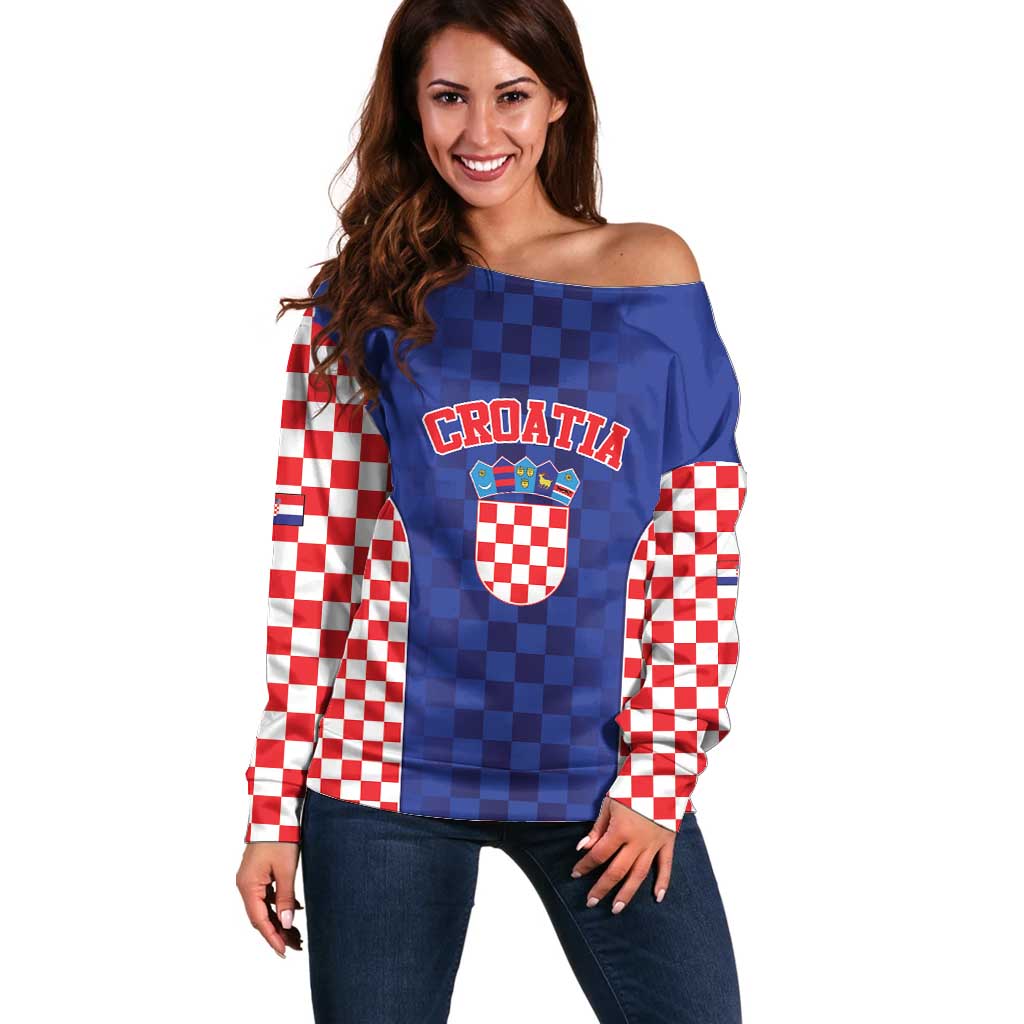 Custom Croatia National Heritage Off Shoulder Sweater Blue Checkered Croatian Pride - Wonder Print Shop