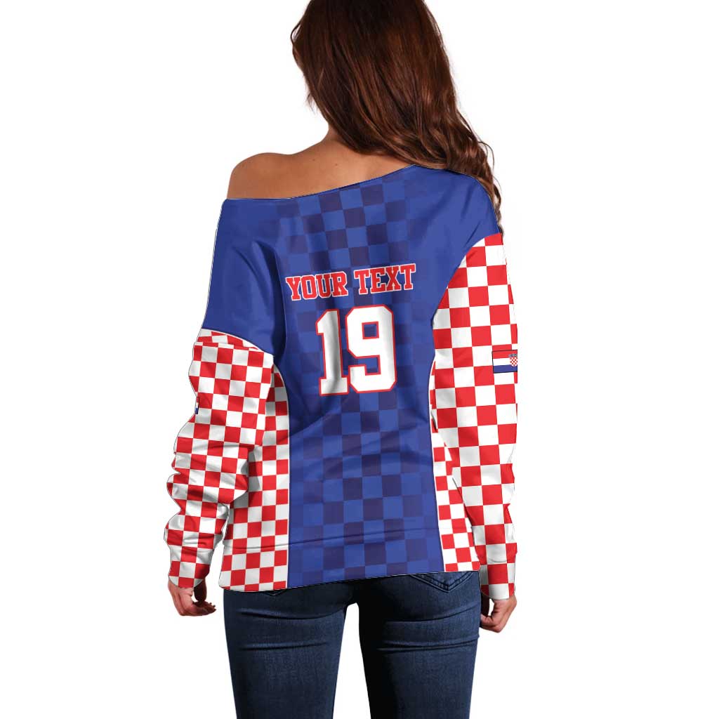 Custom Croatia National Heritage Off Shoulder Sweater Blue Checkered Croatian Pride - Wonder Print Shop