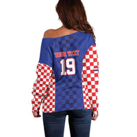 Custom Croatia National Heritage Off Shoulder Sweater Blue Checkered Croatian Pride - Wonder Print Shop