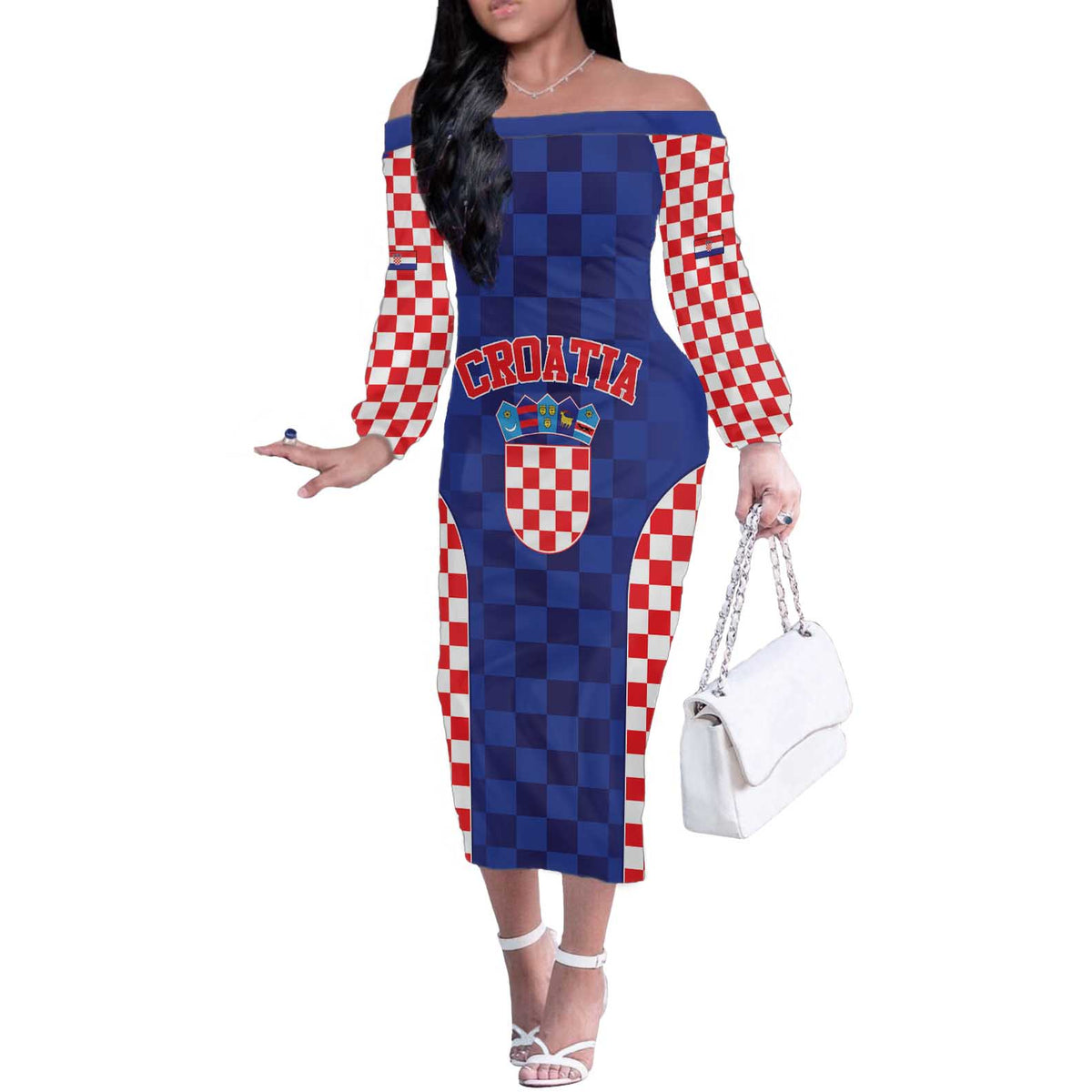 Custom Croatia National Heritage Off The Shoulder Long Sleeve Dress Blue Checkered Croatian Pride - Wonder Print Shop
