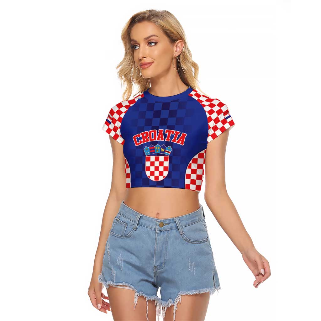Custom Croatia National Heritage Raglan Cropped T Shirt Blue Checkered Croatian Pride - Wonder Print Shop