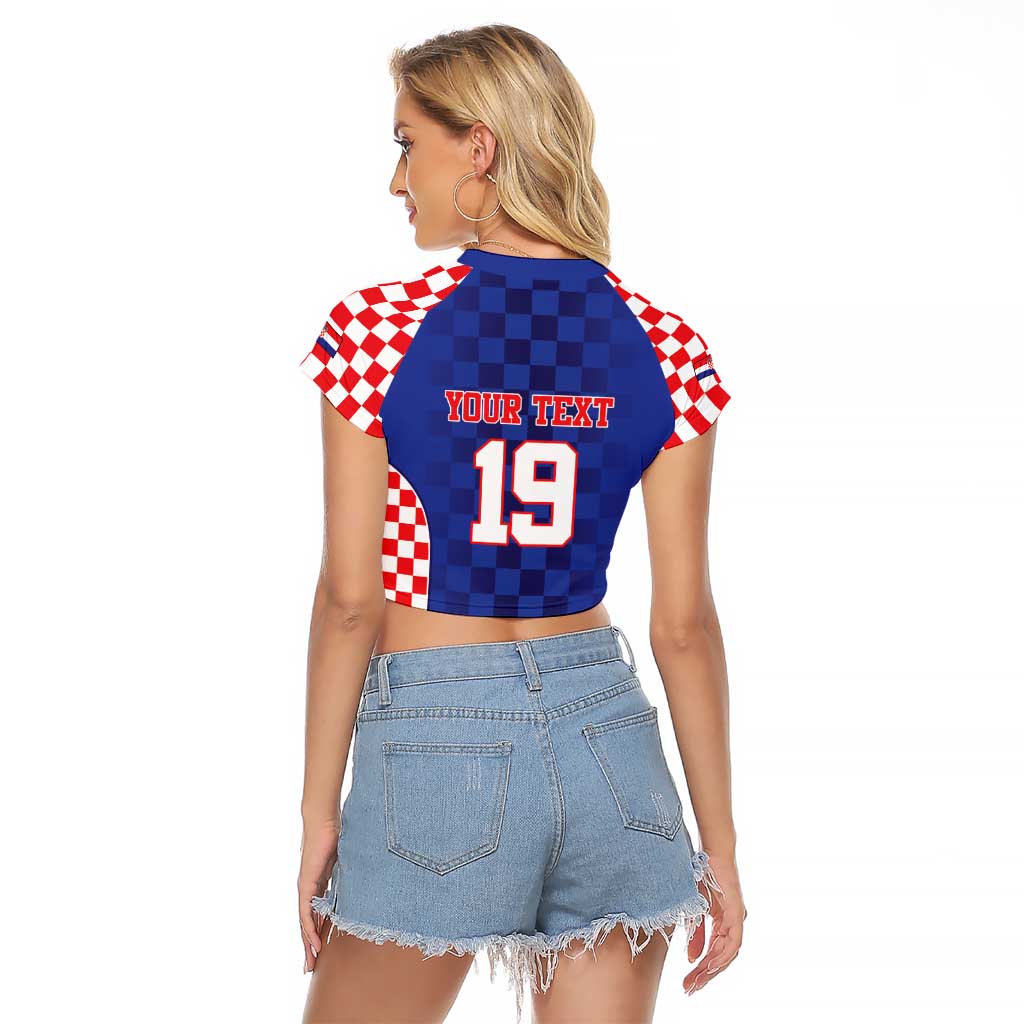 Custom Croatia National Heritage Raglan Cropped T Shirt Blue Checkered Croatian Pride - Wonder Print Shop
