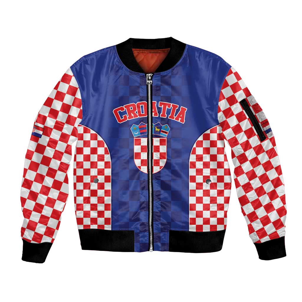 Custom Croatia National Heritage Sleeve Zip Bomber Jacket Blue Checkered Croatian Pride - Wonder Print Shop