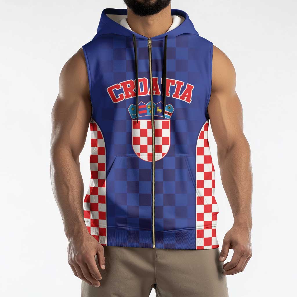 Custom Croatia National Heritage Sleeveless Zip Hoodie Blue Checkered Croatian Pride - Wonder Print Shop
