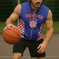 Custom Croatia National Heritage Sleeveless Zip Hoodie Blue Checkered Croatian Pride - Wonder Print Shop
