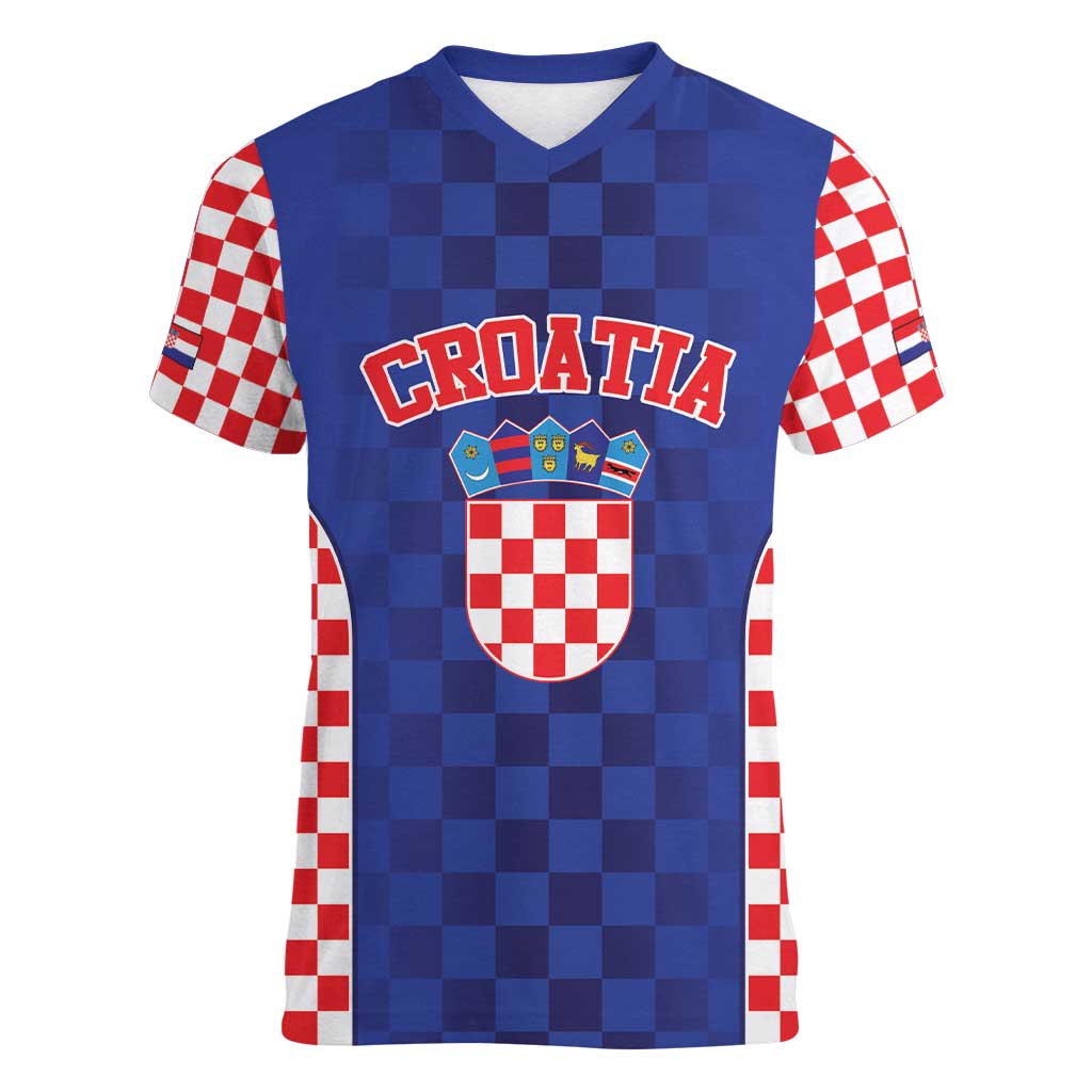 Custom Croatia National Heritage Women V-Neck T-Shirt Blue Checkered Croatian Pride - Wonder Print Shop