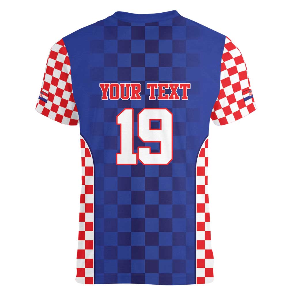 Custom Croatia National Heritage Women V-Neck T-Shirt Blue Checkered Croatian Pride - Wonder Print Shop