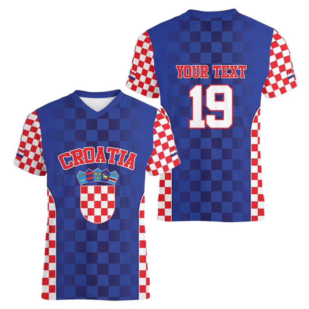 Custom Croatia National Heritage Women V-Neck T-Shirt Blue Checkered Croatian Pride - Wonder Print Shop