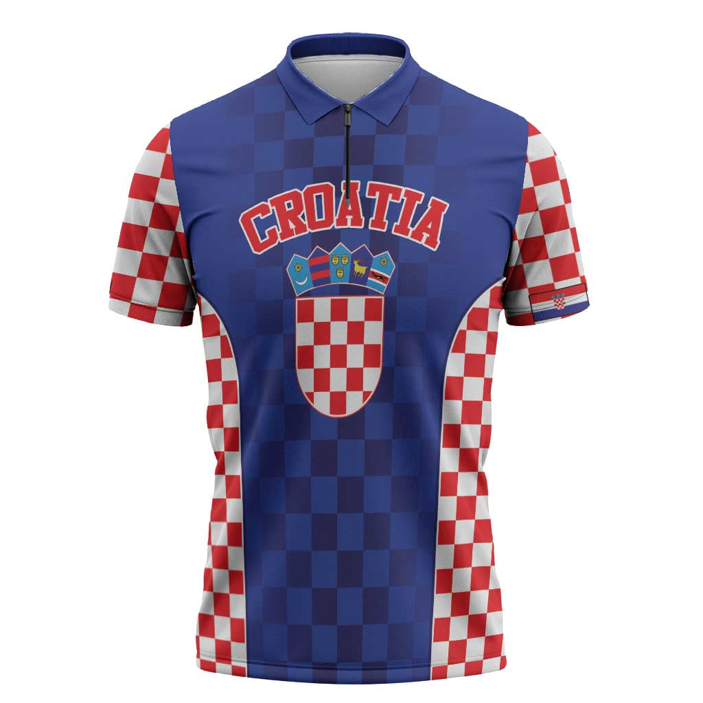 Custom Croatia National Heritage Zipper Polo Shirt Blue Checkered Croatian Pride - Wonder Print Shop