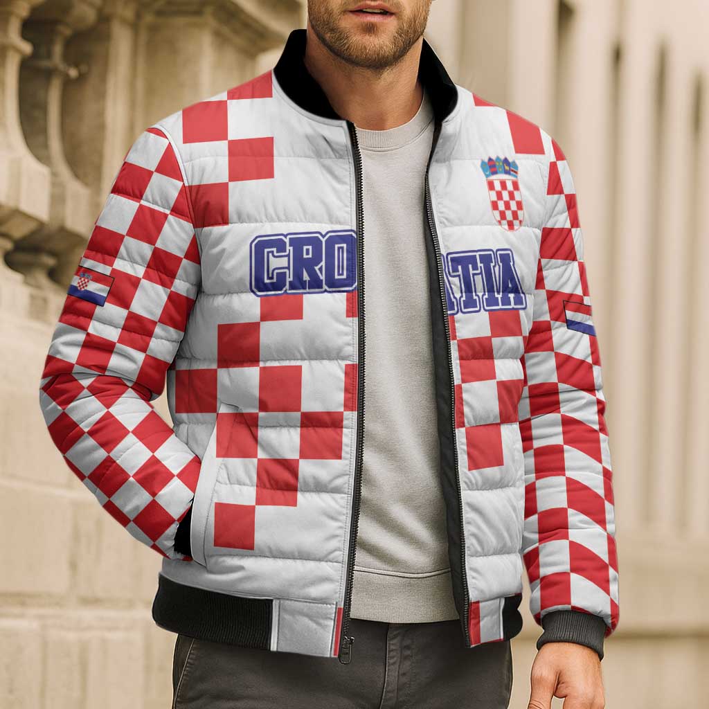 Custom Croatia National Heritage Bomber Puffer Jacket Red and White Checkerboard Design - Wonder Print Shop