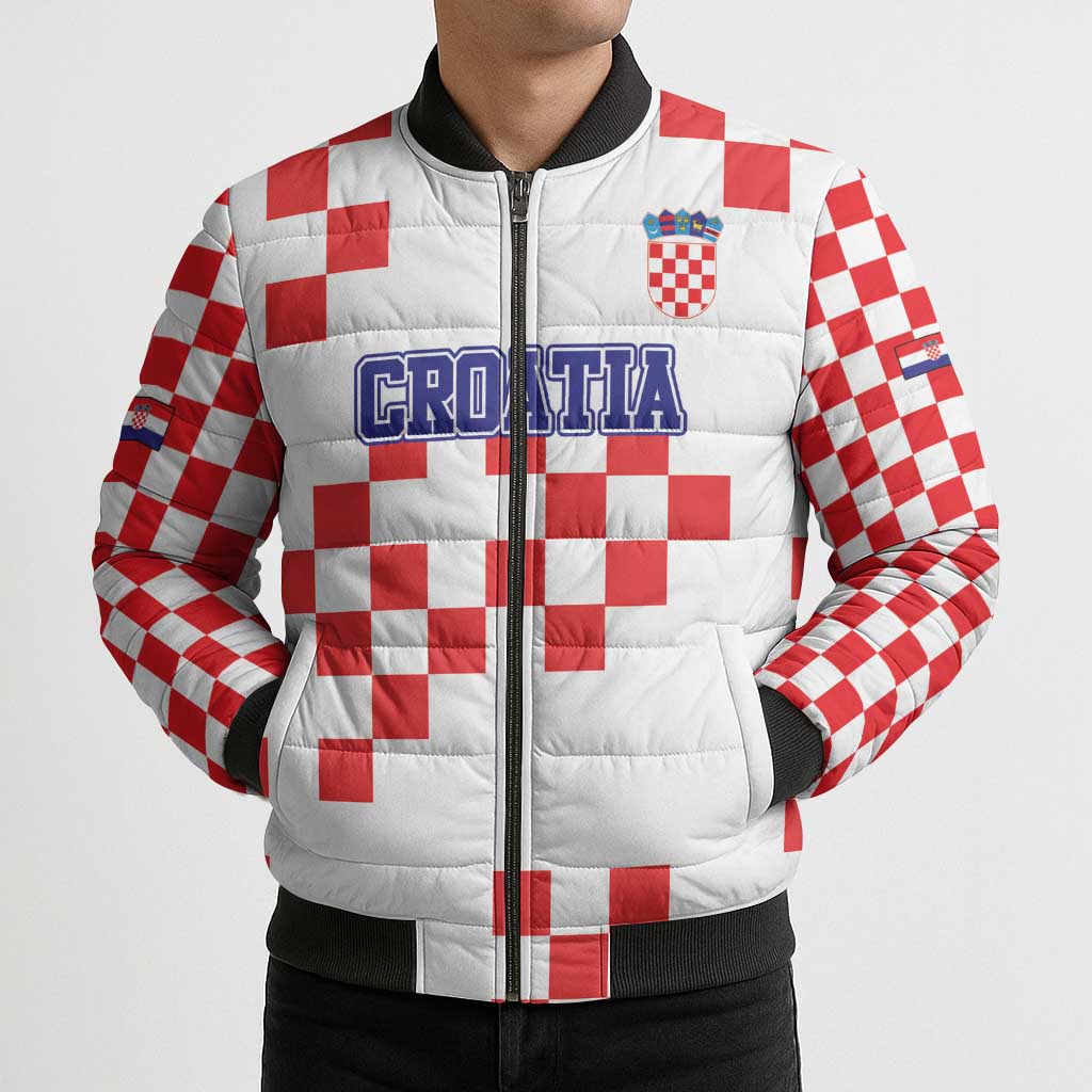 Custom Croatia National Heritage Bomber Puffer Jacket Red and White Checkerboard Design - Wonder Print Shop