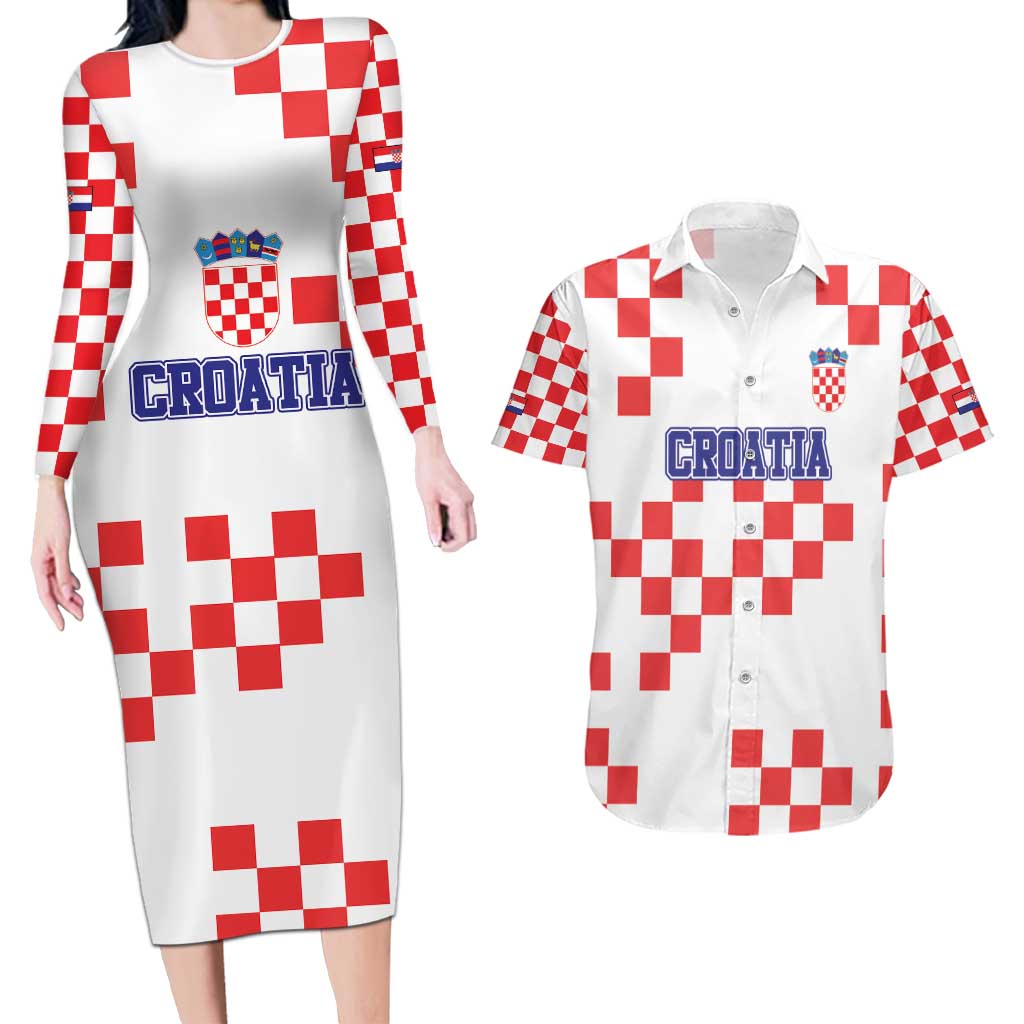 Custom Croatia National Heritage Couples Matching Long Sleeve Bodycon Dress and Hawaiian Shirt Red and White Checkerboard Design - Wonder Print Shop