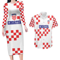 Custom Croatia National Heritage Couples Matching Long Sleeve Bodycon Dress and Hawaiian Shirt Red and White Checkerboard Design - Wonder Print Shop