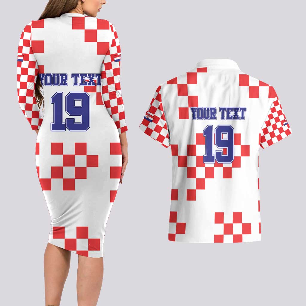 Custom Croatia National Heritage Couples Matching Long Sleeve Bodycon Dress and Hawaiian Shirt Red and White Checkerboard Design - Wonder Print Shop