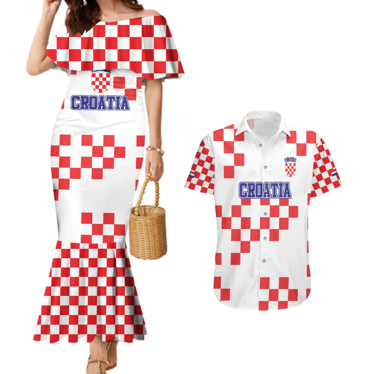Custom Croatia National Heritage Couples Matching Mermaid Dress and Hawaiian Shirt Red and White Checkerboard Design - Wonder Print Shop