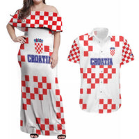 Custom Croatia National Heritage Couples Matching Off Shoulder Maxi Dress and Hawaiian Shirt Red and White Checkerboard Design - Wonder Print Shop